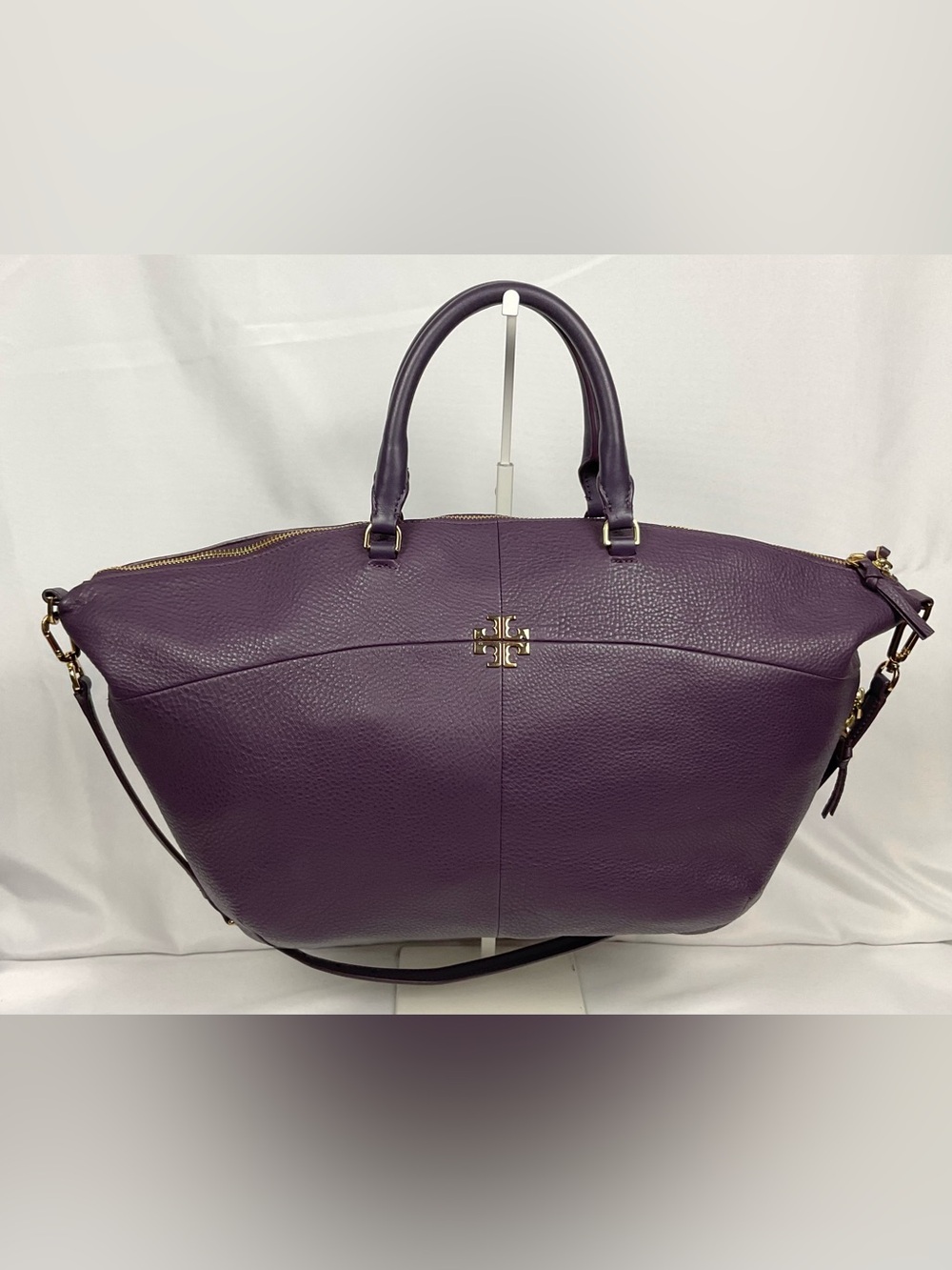 Tory Burch Ivy Slouchy Satchel Pebbled Leather Purple Plum Bag Purse Handbag